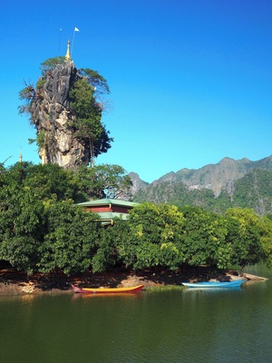 Kyauk Ka Lat pagoda - just one of the extraordinary sights to be seen around the otherwise uninspiring town of Hpa-an in Karen state, Myanmar.