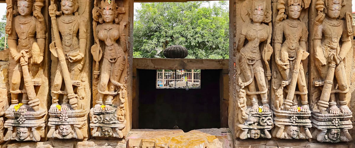 Carvings of Ganga, Yamuna and Dwarapala on the Shri Pataleshwar Temple, Malhar, Bilaspur, Chhattisgarh, India..