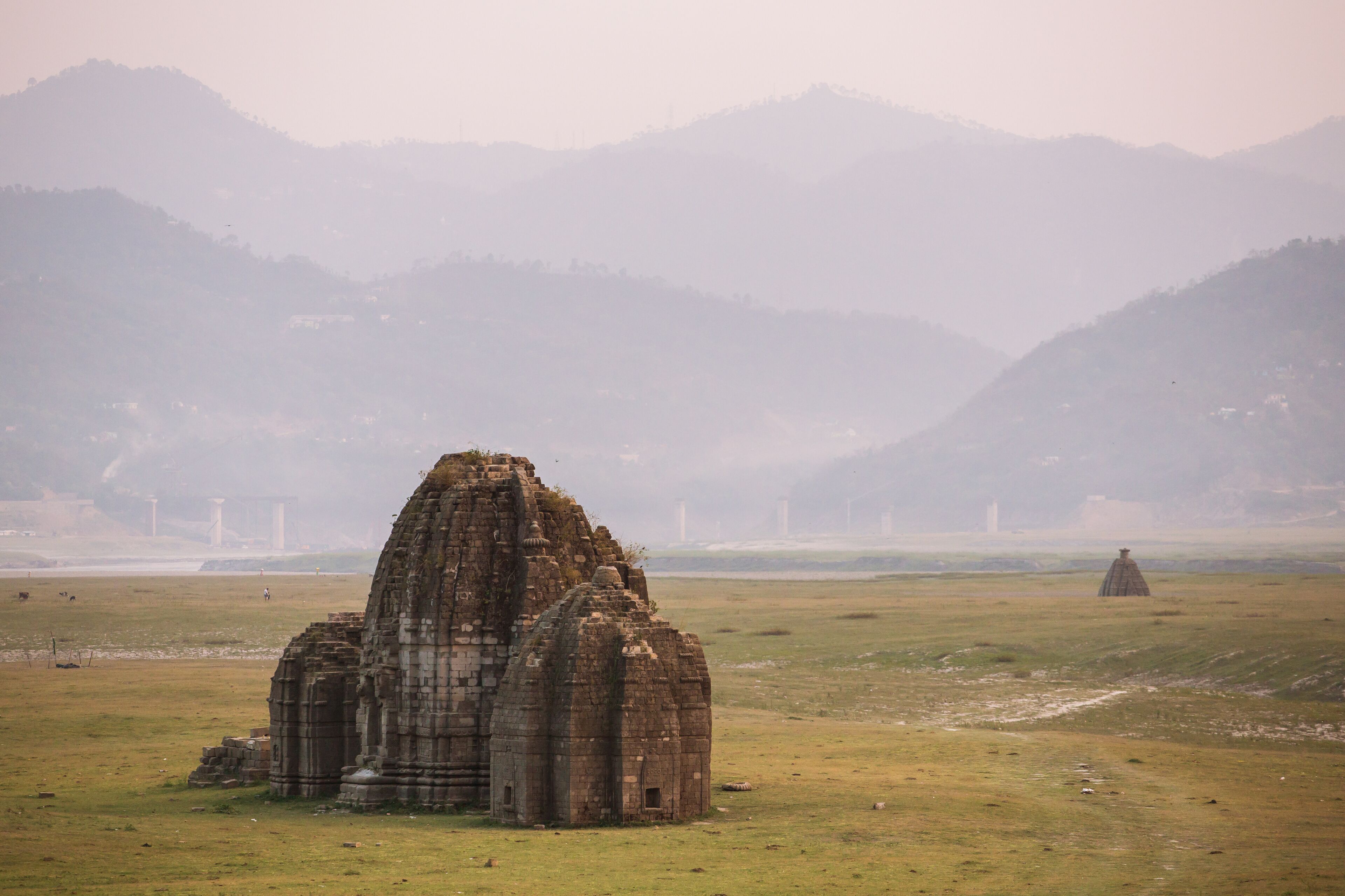 Ancient hindu temple in the Bed of Gobind Sagar Lake in Bilaspur, Himachal Pradesh state, India