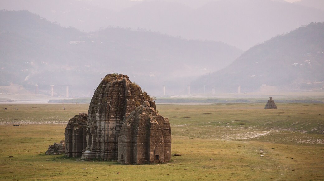 Ancient hindu temple in the Bed of Gobind Sagar Lake in Bilaspur, Himachal Pradesh state, India