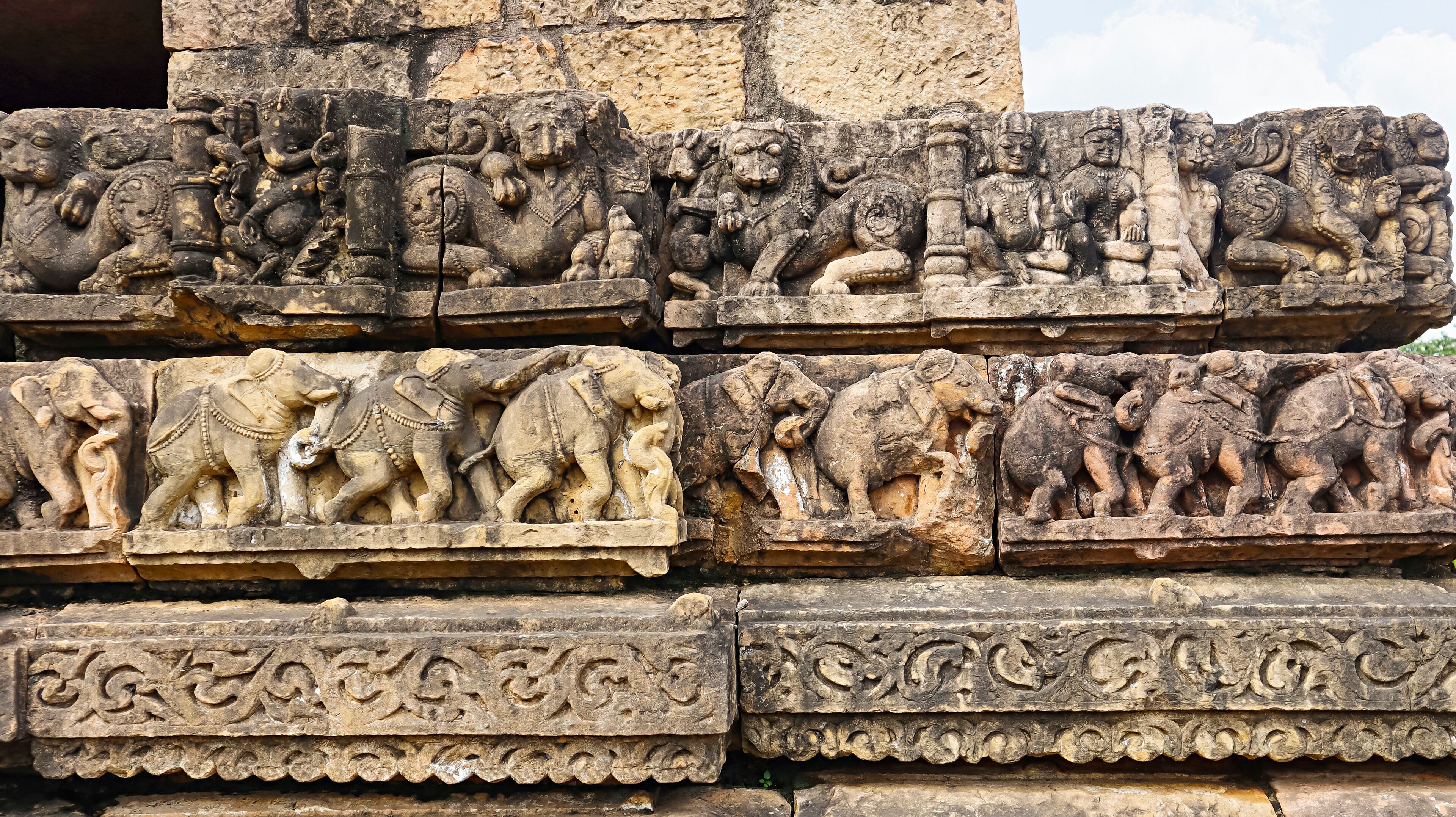 Carving Panels of Yali, Elephants, Shiva Parvati and Lord Ganesha on the Shri Pataleshwar Temple, Malhar, Bilaspur, Chhattisgarh, India...