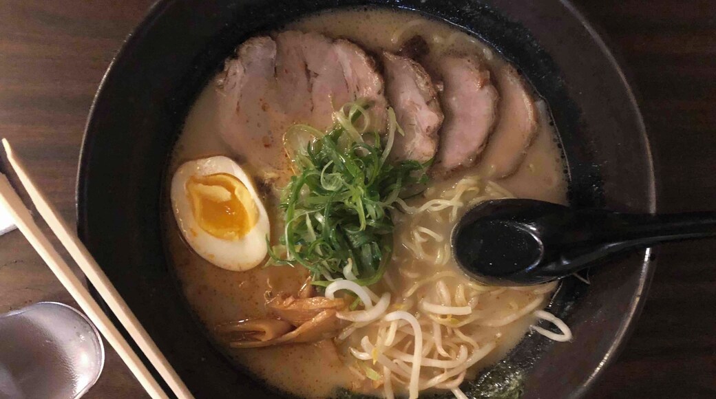 On a busy street between a gas station and a small school is not where you’d expect to find a ramen restaurant.
Put your name on a list when you enter and wait outside until called (it’s California so weather shouldn’t be a problem). Service is quick and food is hot and delicious!