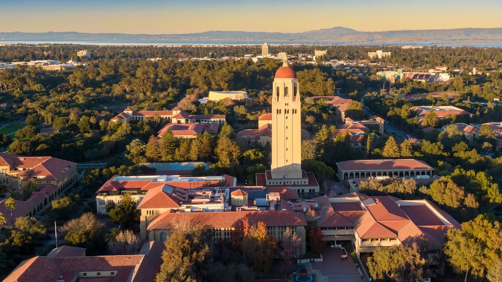 Aerial view of Hoover Tower at Stanford University, California, USA. The tower is a landmark, housing archives. Palo Alto, California, USA. 28 December 2024.