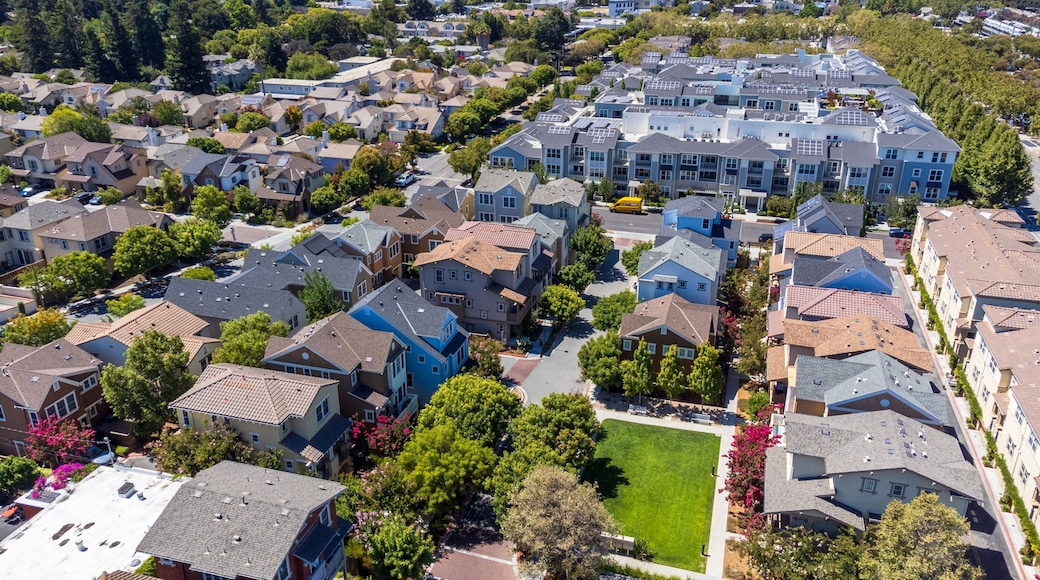 Aerial drone view of dense modern suburban residential neighborhood in Mountain View, California
