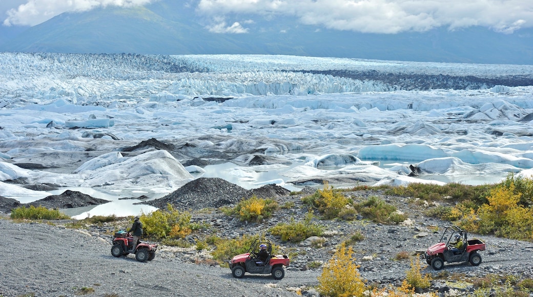 Palmer mit einem Fahrt im Geländewagen und Berge sowie kleine Menschengruppe