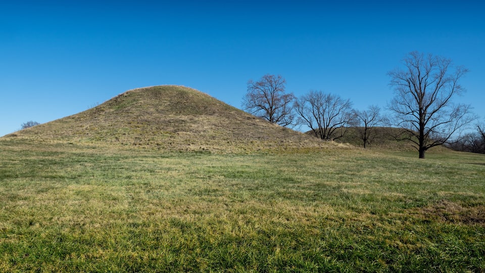 Series of small hills and trees form landscape at Cahokia Mounds State Park in Southern Illinois, ruins of the largest pre-Colombian city north of Mexico