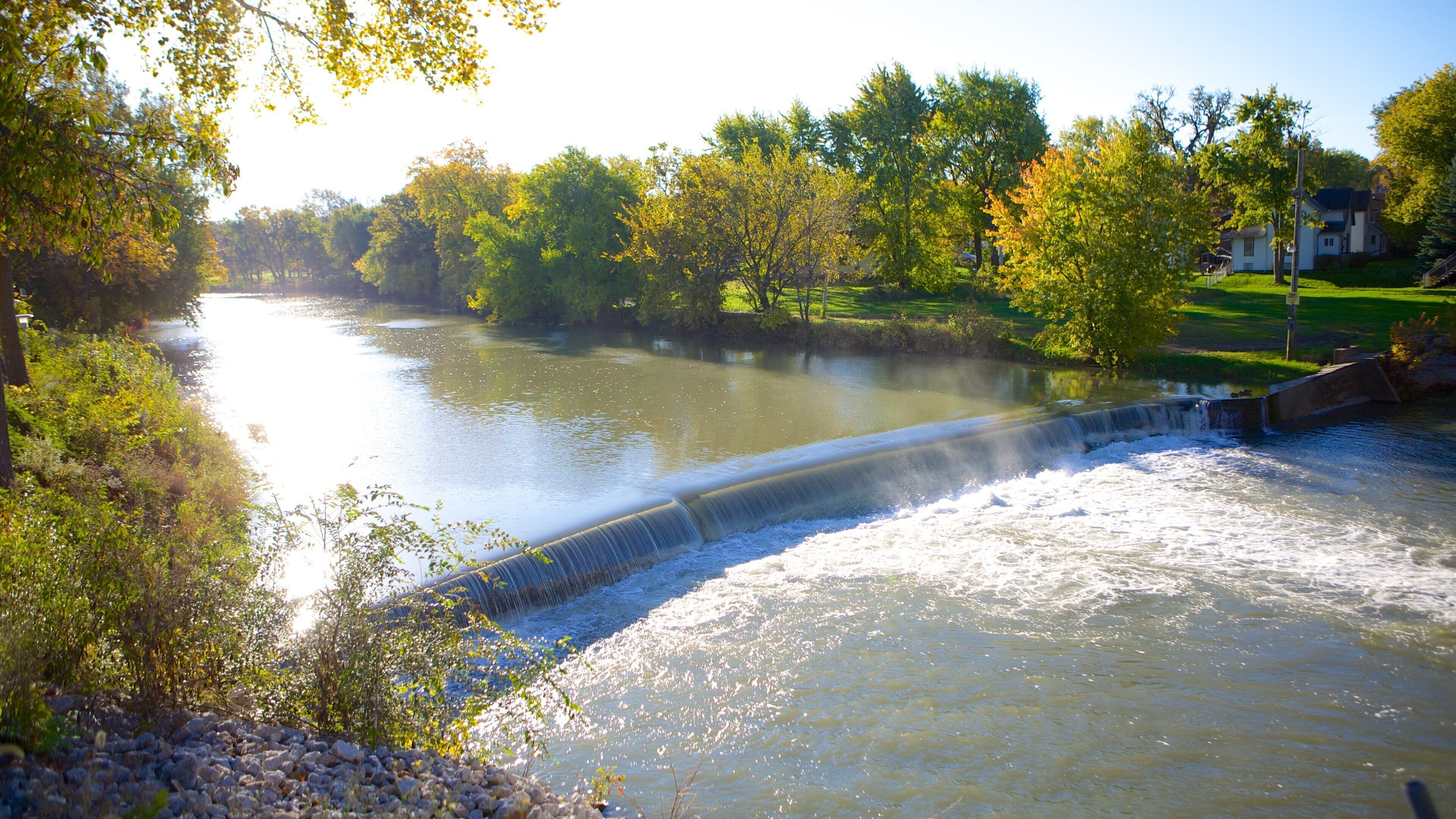 A river with a dam and waterfall, surrounded by trees and a grassy area.