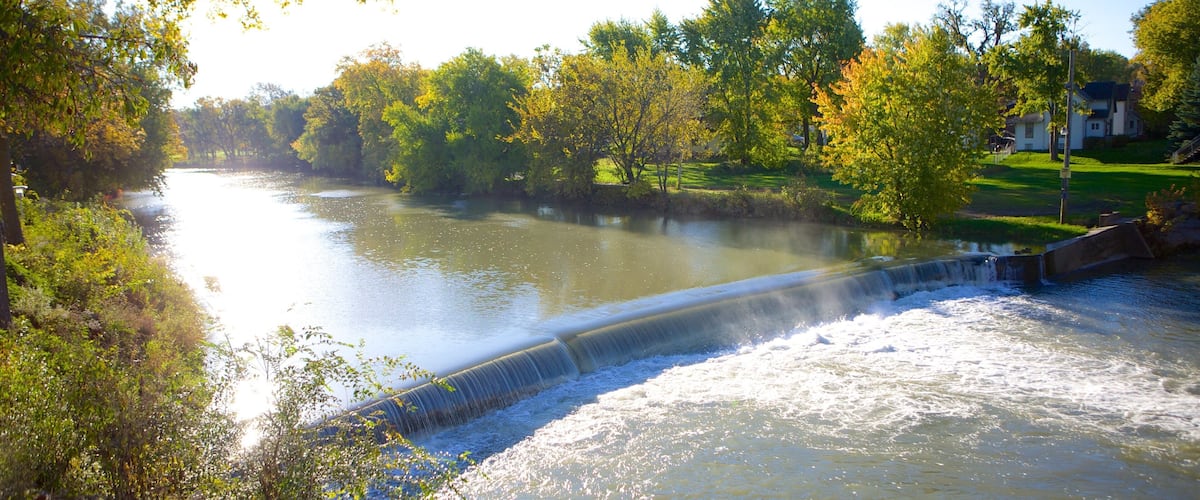 A river with a dam and waterfall, surrounded by trees and a grassy area.
