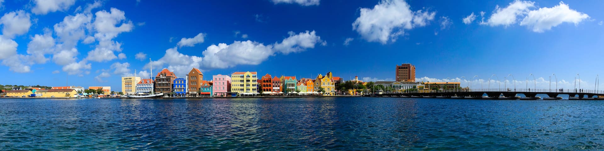 A waterfront cityscape with colorful buildings, a bridge, and a clear blue sky.