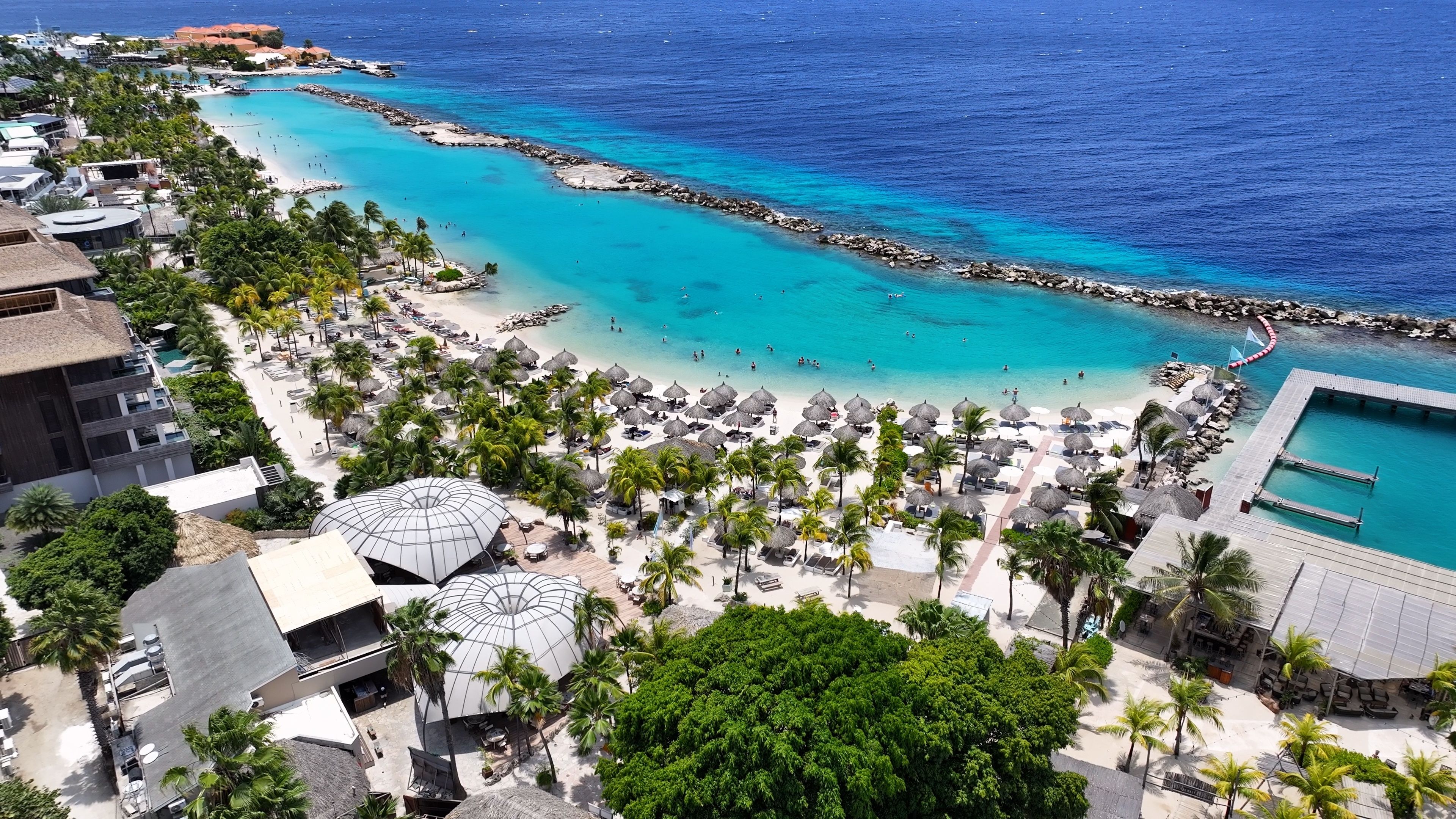 A coastal resort with a beach, palm trees, and a pool area.