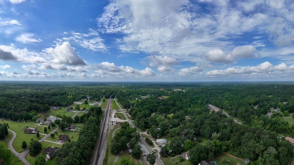 Aerial summer nature landscape of rural Deep South Carriere Pearl River County Mississippi MS