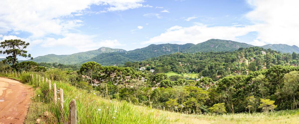 A lush green valley with a dirt road, dense forests, and a mountain range in the background.
