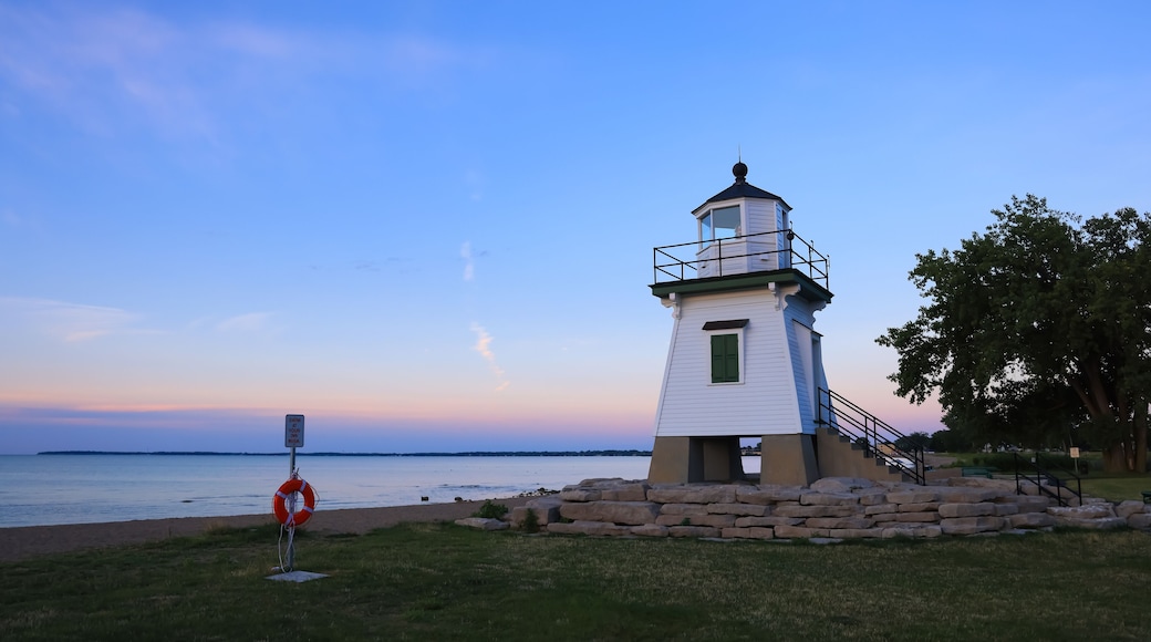 Scenic view of Port Clinton lighthouse in evening light, is restored, built in 1896 and placed at the entrance of the Portage River