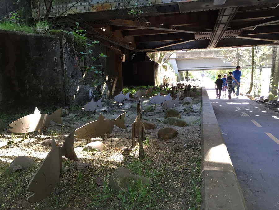 Hidden salmon artwork under the railway bridge beside the park.