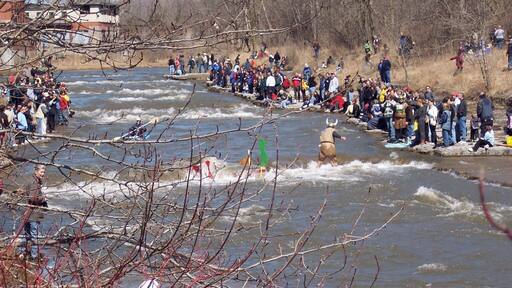 The vikings have sunk! Float your fanny down the Ganny is such a riot of crazy costumes and crazy boats. It's held at Port Hope outside of Toronto in late March or early April depending on how cold it is in the river. #river #festivals