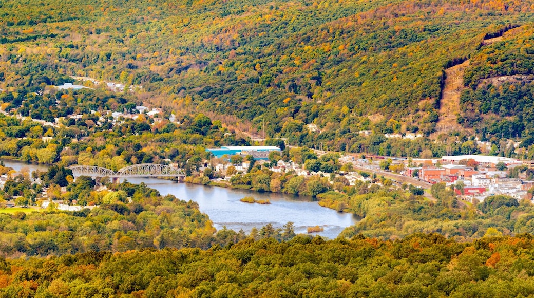 A river winding through a town surrounded by hills.