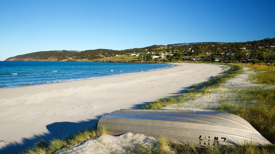 A beach with a concrete boat ramp, clear blue water, and a hilly landscape with houses in the background.
