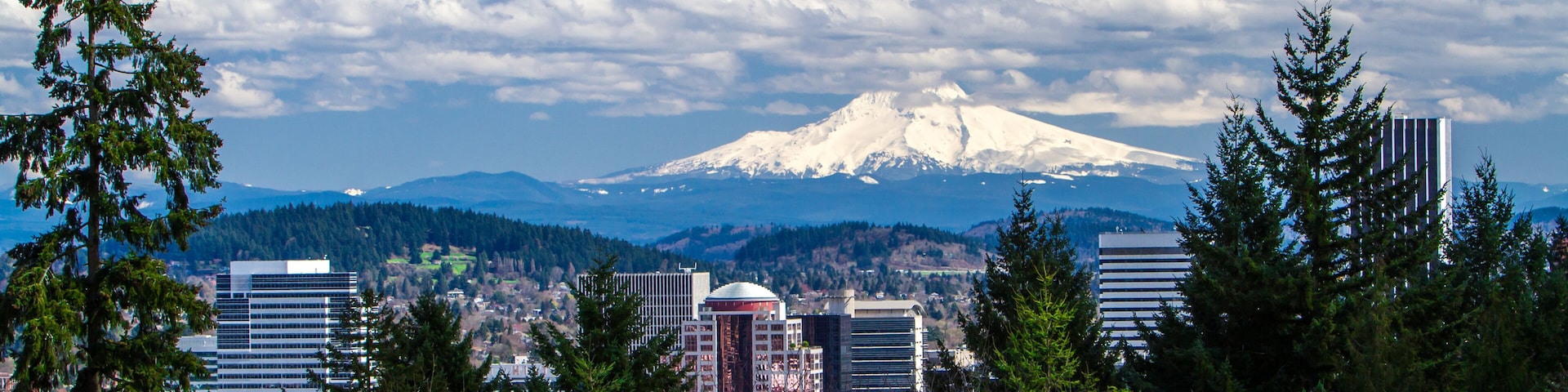 Portland, Oregon; View of snow covered Mt Hood and buildings in downtown Portland, Oregon
