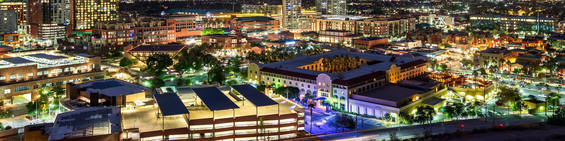 Aerial view of Downtown Tempe skyline at sunset near Phoenix, Arizona