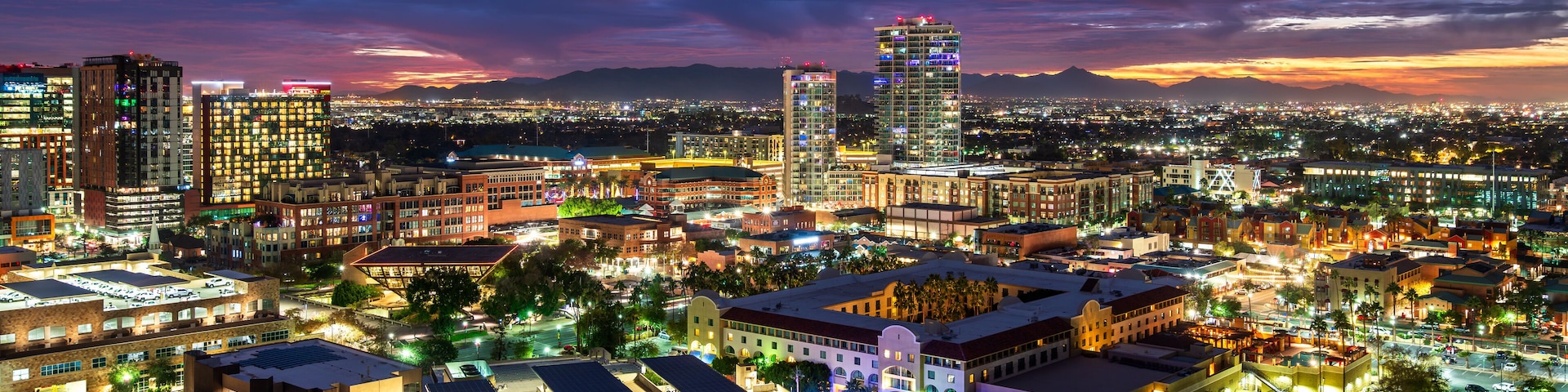 Aerial view of Downtown Tempe skyline at sunset near Phoenix, Arizona