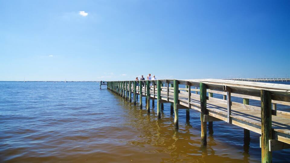 A wooden pier extending into a calm body of water with a clear sky above.