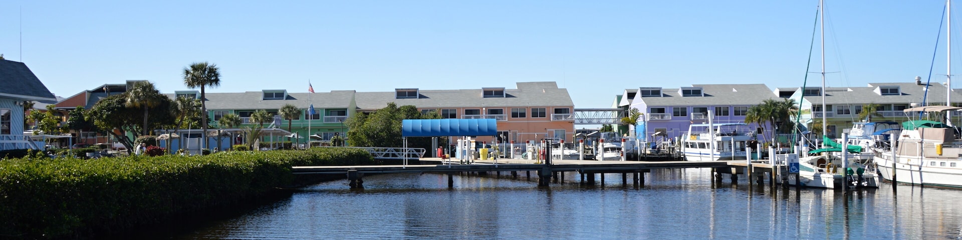 Marina com barcos atracados, céu azul límpido e edifícios ao fundo.
