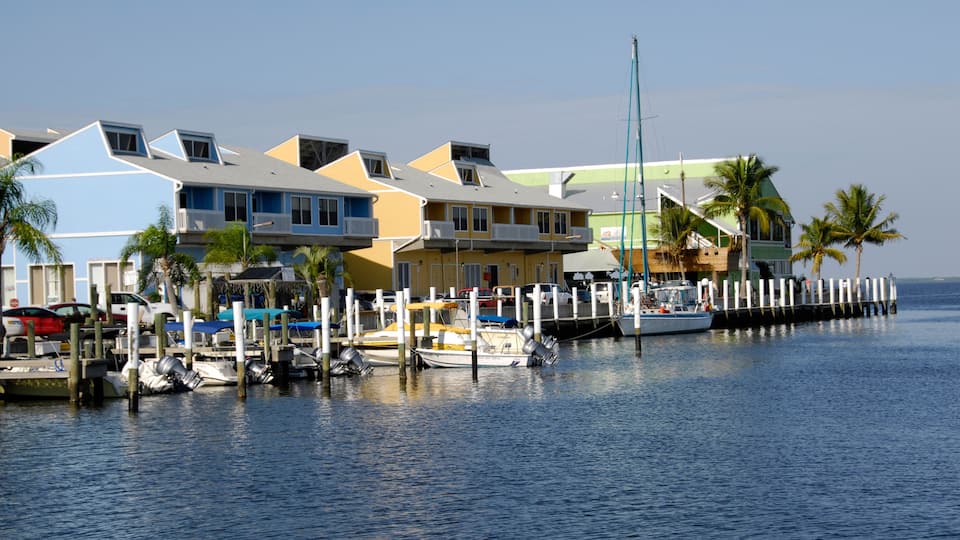 A marina with colorful houses and boats docked along the water.