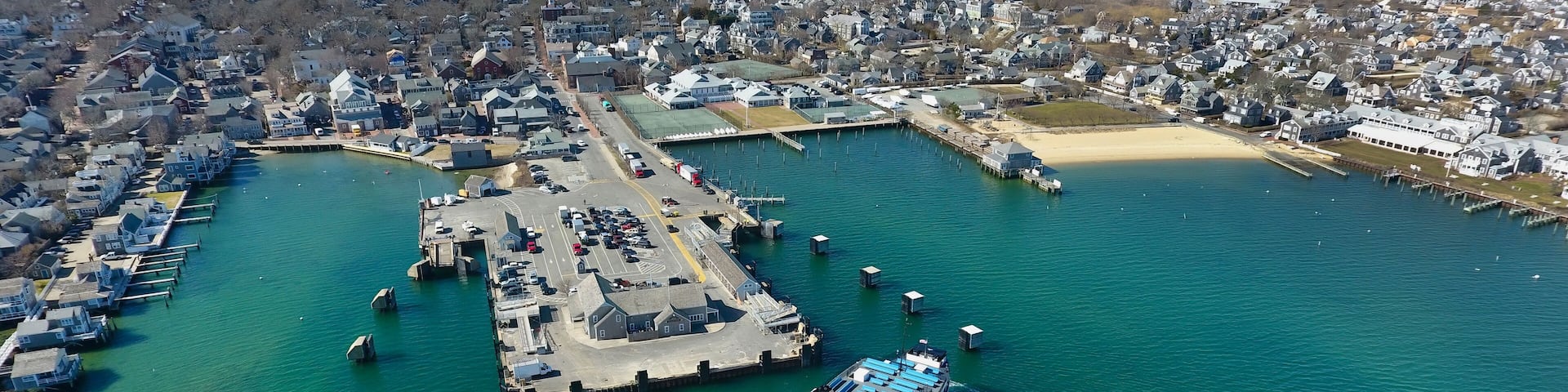 Nantucket Ferry at Harbor in New England Aerial