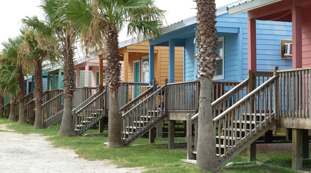 Row of small colorful wooden tiny beach houses and palm trees, Gulf of Mexico