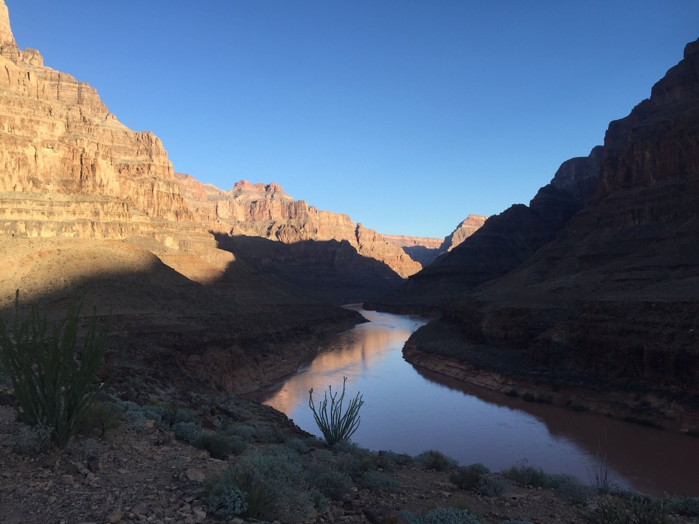A canyon with a river, rocky terrain, and sparse vegetation.