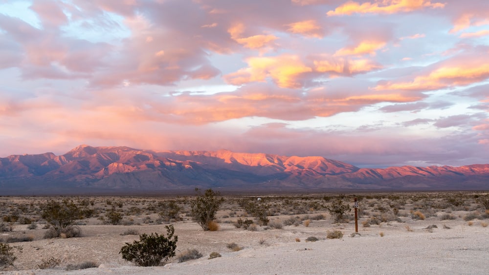 Sunset view of Mt Charleston from a boondocking site near Pahrump, Nevada