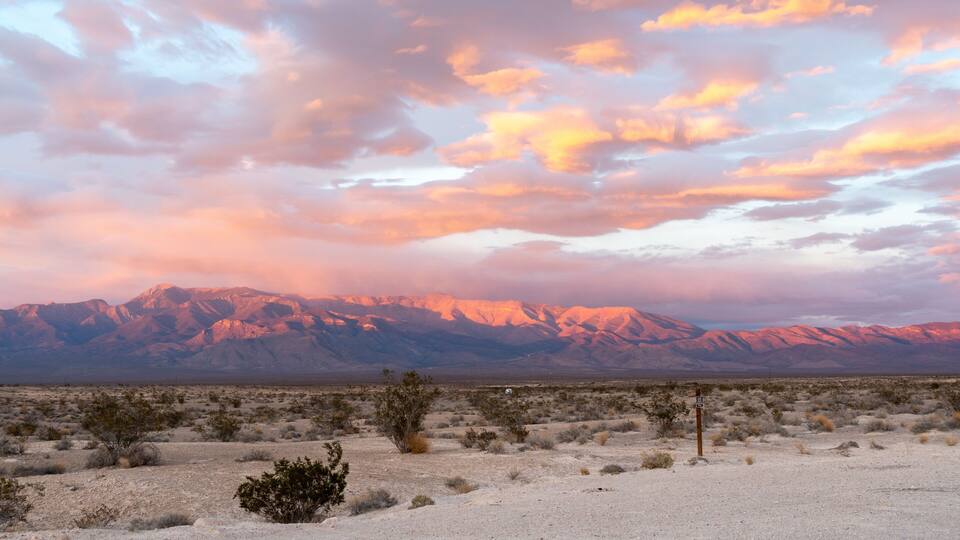 A desert landscape with sparse vegetation and distant mountains under a colorful sky.