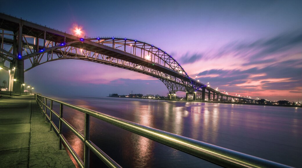 Blue Water Bridge Cityscape Panorama. The waterfront district of Port Huron, Michigan with the Blue Water Bridge. The Bridge connects the USA and Canada.