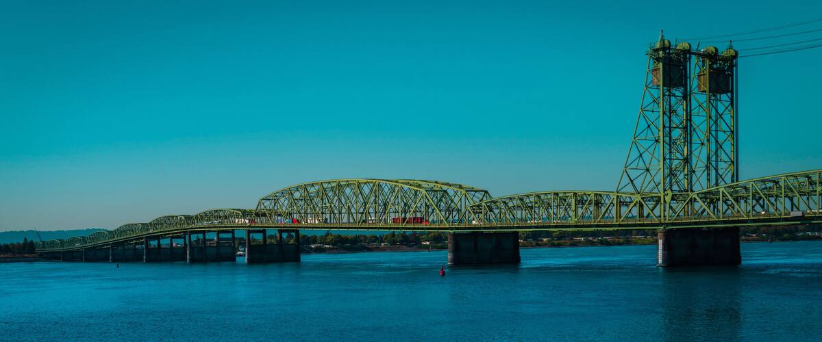 Oregon Washington Bridge over Columbia River, the view from Waterfront Park Renaissance Trail in Vancouver, Washington