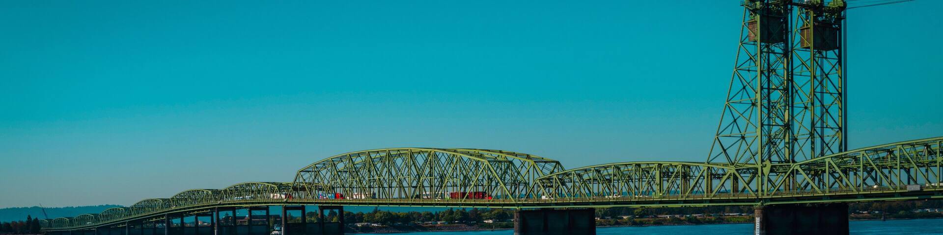 Oregon Washington Bridge over Columbia River, the view from Waterfront Park Renaissance Trail in Vancouver, Washington