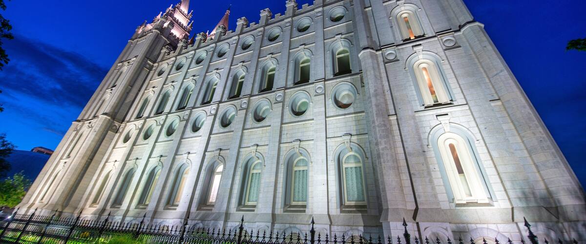 The Salt Lake Temple is a temple of The Church of Jesus Christ of Latter-day Saints, Temple Square in Salt Lake City at night.