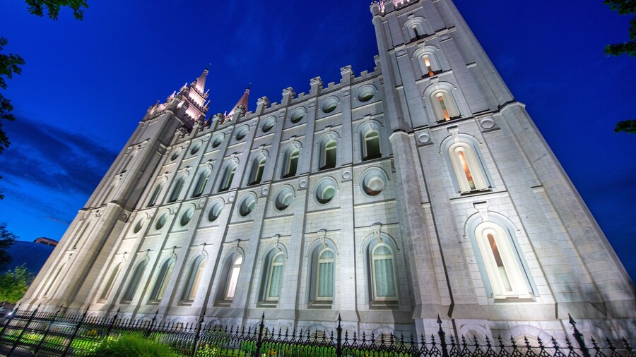 The Salt Lake Temple is a temple of The Church of Jesus Christ of Latter-day Saints, Temple Square in Salt Lake City at night.