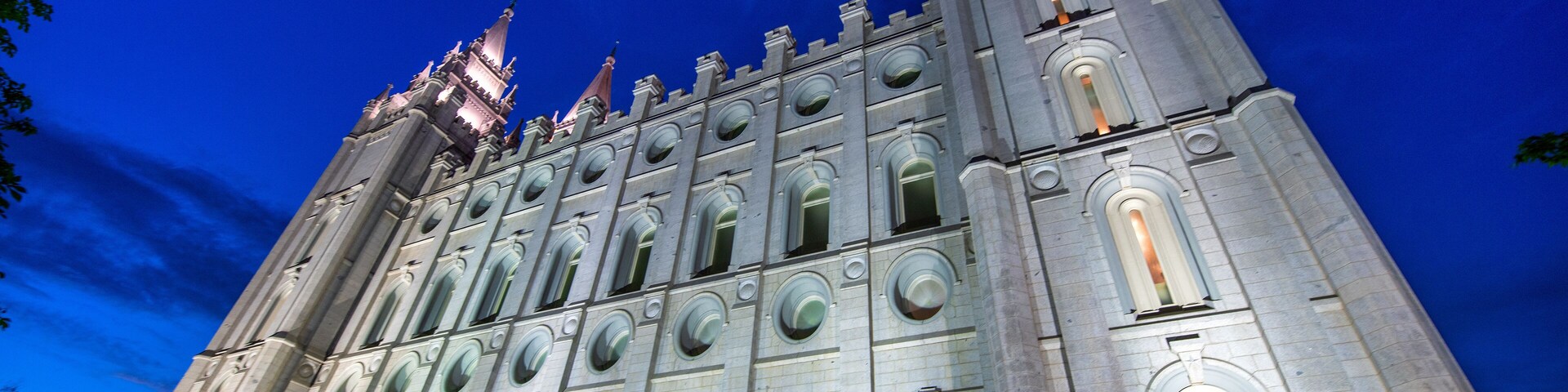 The Salt Lake Temple is a temple of The Church of Jesus Christ of Latter-day Saints, Temple Square in Salt Lake City at night.