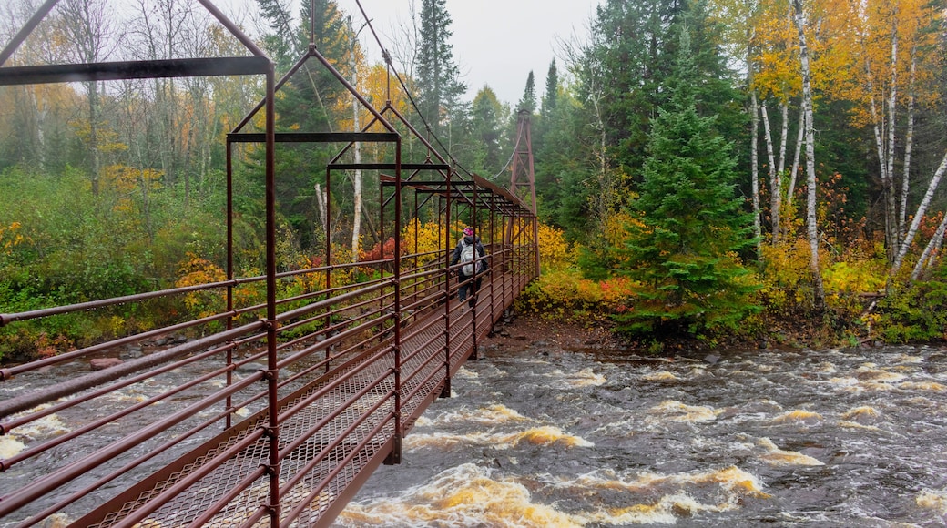 Woman hiking across suspension bridge over river