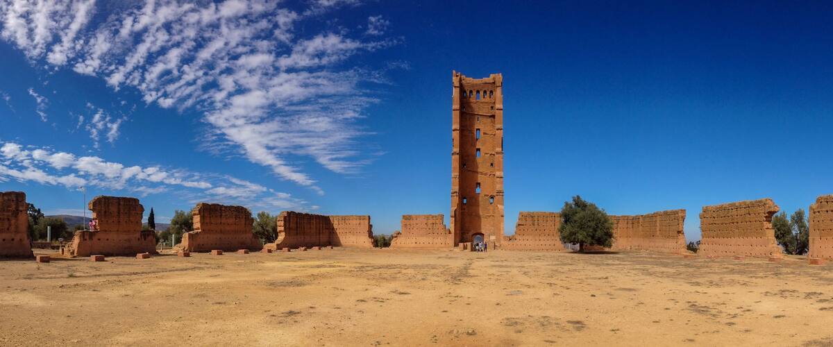 Ancient ruins with a tall tower and multiple brick structures.