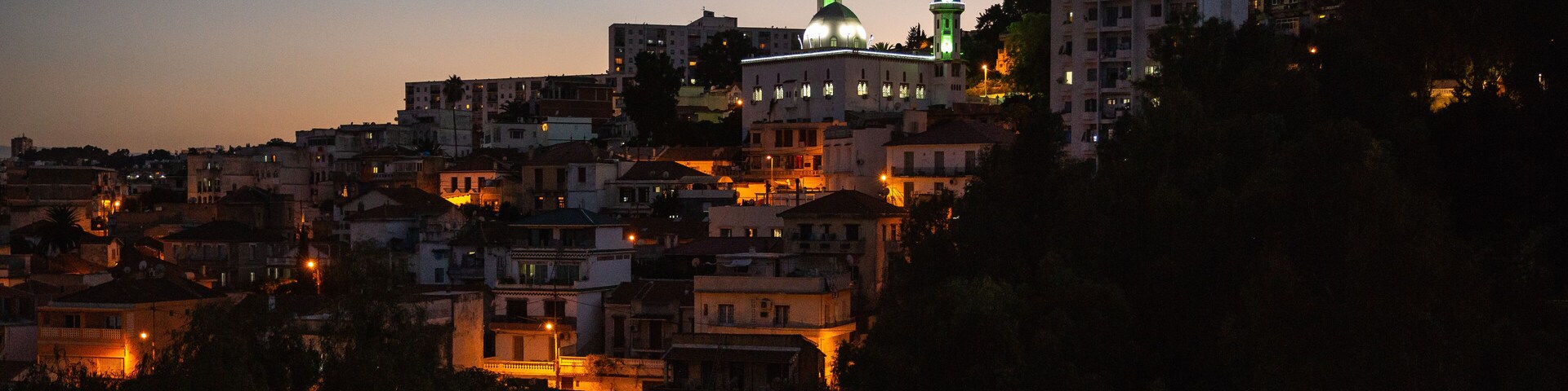 A mosque on a hill at night in Casbah, Algiers, Algeria