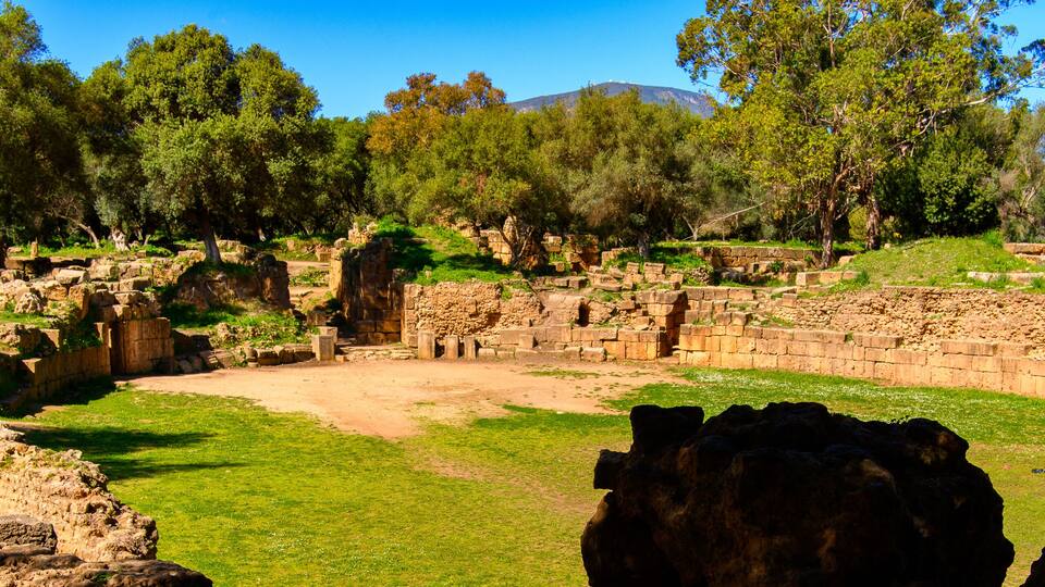 Ancient ruins with stone structures and trees in a sunny landscape.
