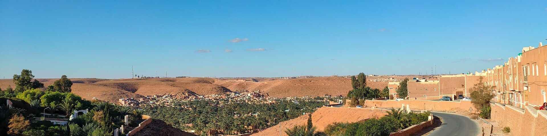 Panoramic view from the beautiful district of Ksar Tafilelt. With its houses made of clay and stones, typical sub-Saharan desert architecture, Ghardaïa, Oasis M'zab, Algeria