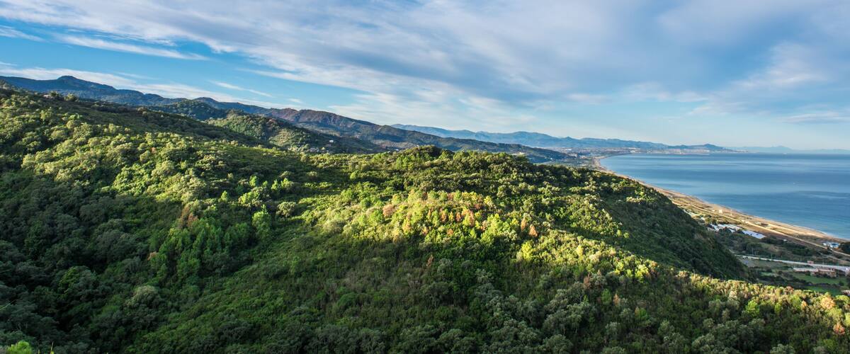 landscape of mountains, sunset and clouds with a beautiful sky, the nature of Algeria in North Africa, Maghreb, plains and grass in the mountain, Mediterranean climate, Forest and green trees. sunrise