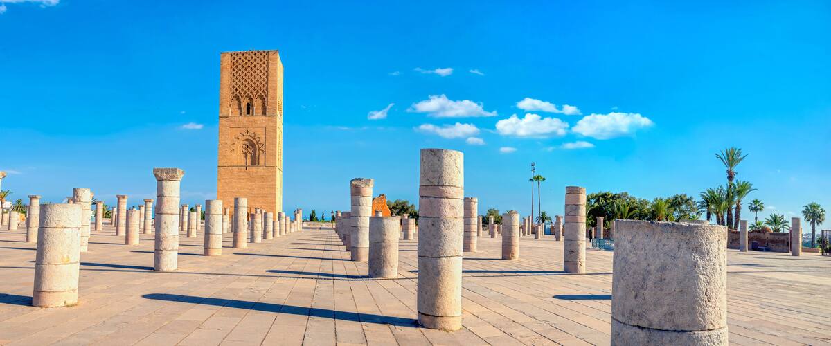 Hassan Tower, minaret of an incomplete mosque in Rabat, Morocco