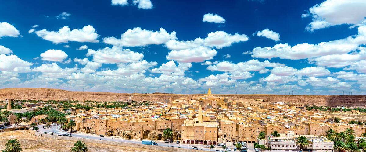 A cityscape with a prominent mosque, palm trees, and a clear blue sky with scattered clouds.