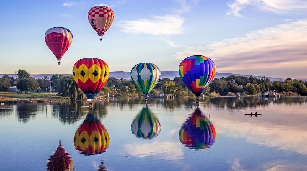 Hot air balloons over a calm lake with reflections, surrounded by trees and a distant mountain range.