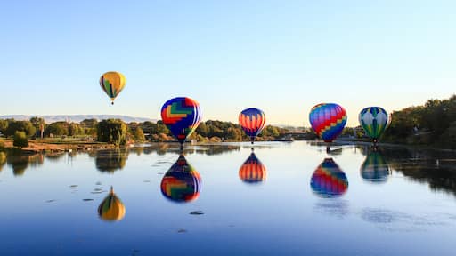 Dawn ascent of vibrant balloons over water