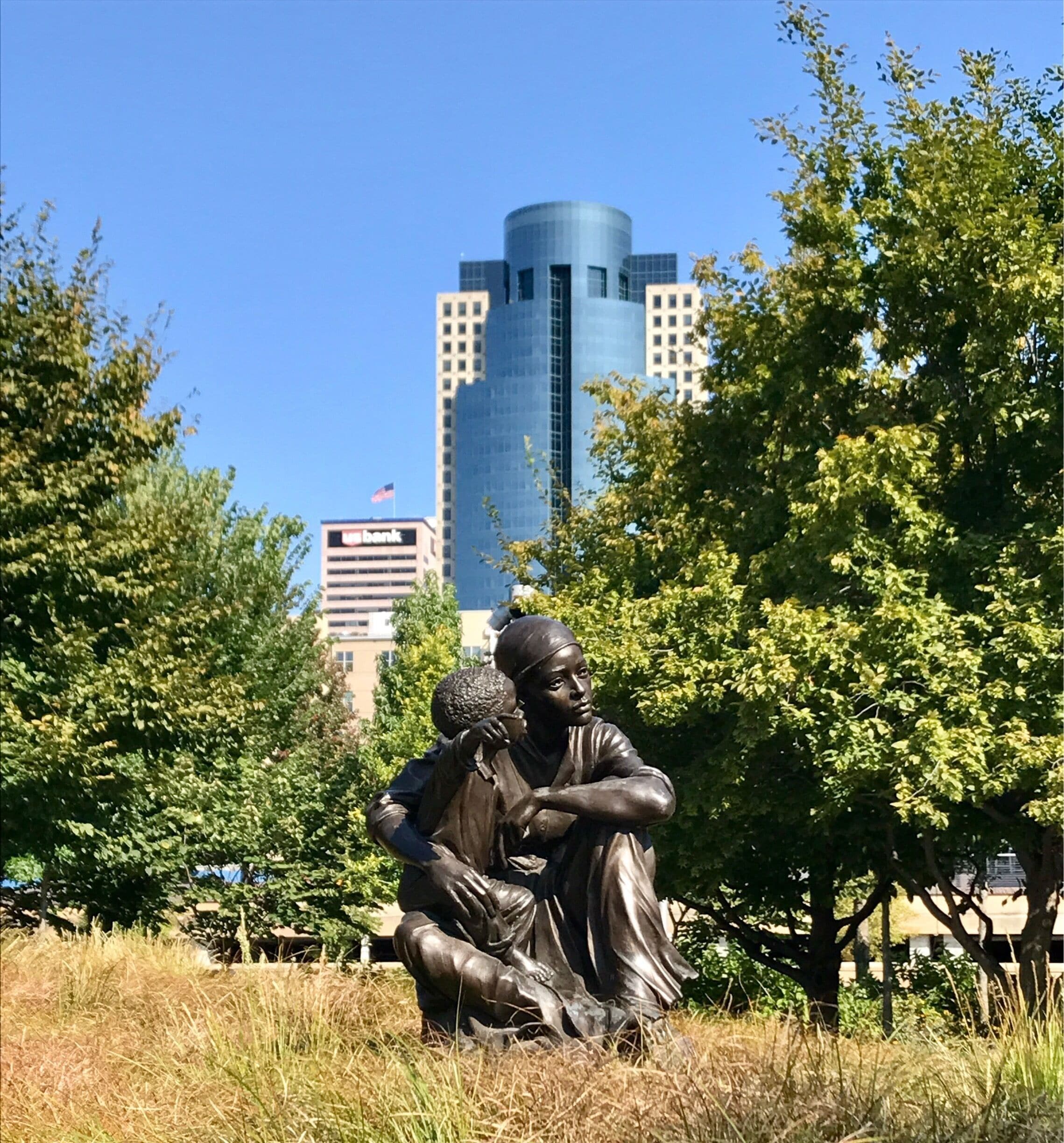 Great bronze sculptures line the riverfront park on the Cincinnati side of the Ohio River