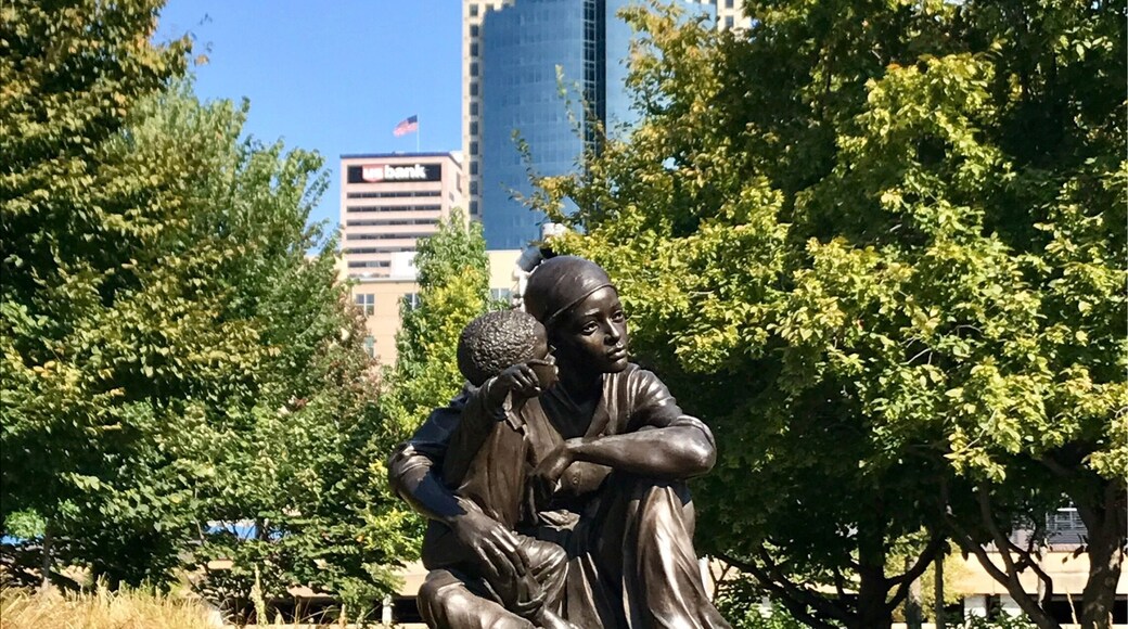 Great bronze sculptures line the riverfront park on the Cincinnati side of the Ohio River